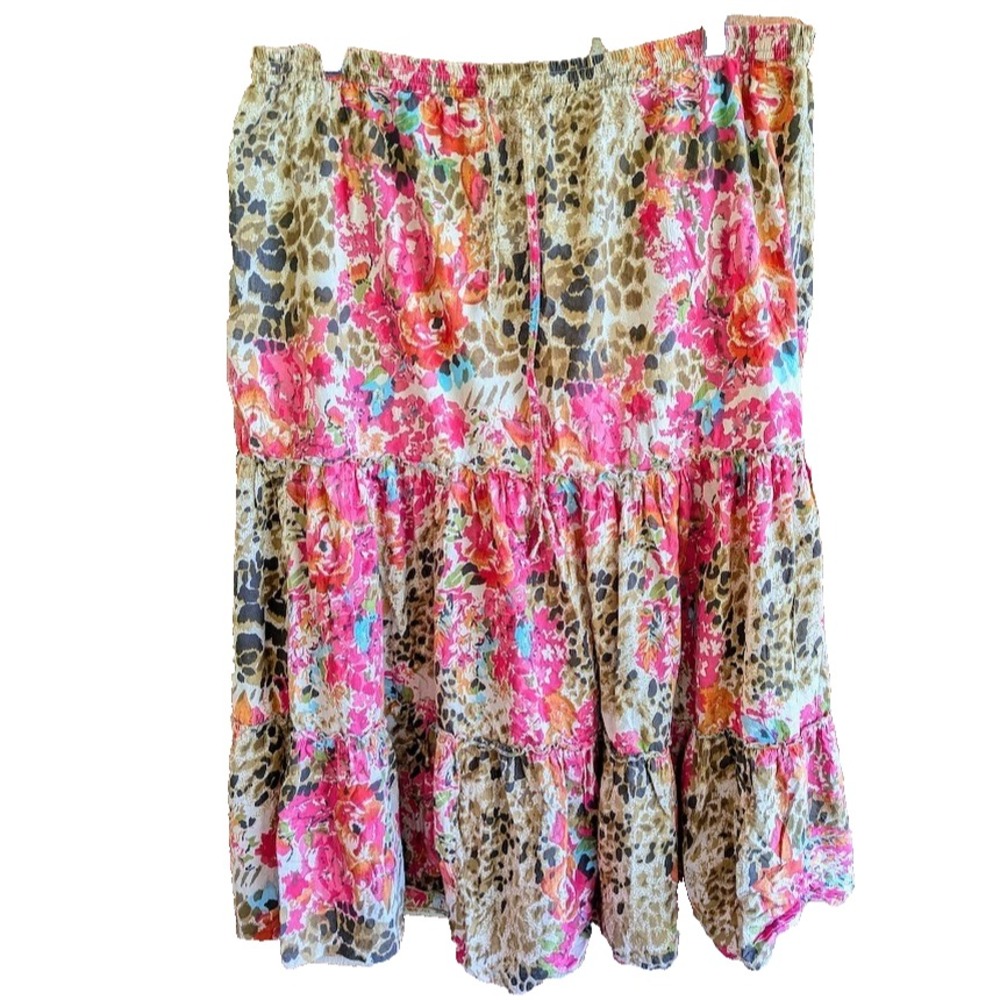Long Skirt 1X Comfy Flowing Tiered Boho Maximalist Peasant Floral Animal Print